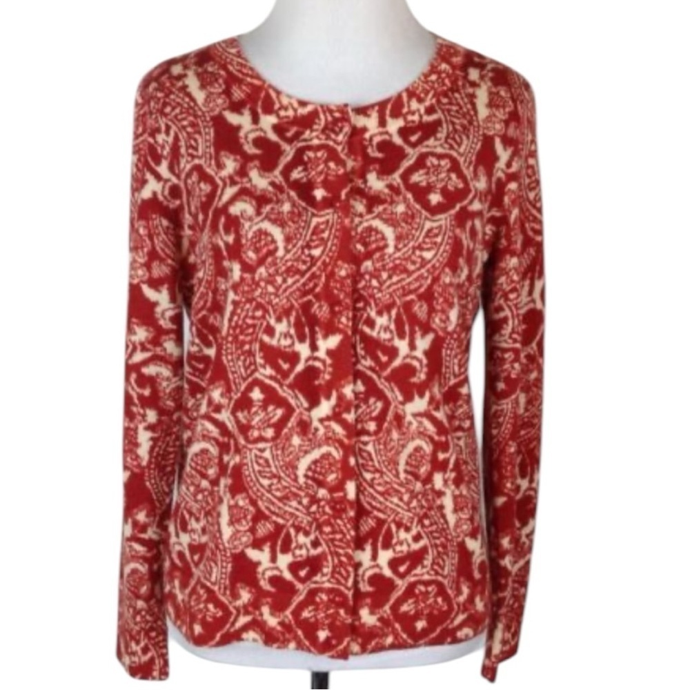 Talbots 100% Italian Merino Wool Cardigan Orange/White Print Size Medium
